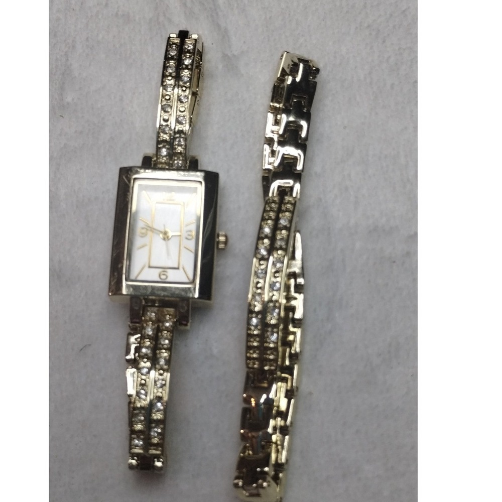 Gold Tone Rhinestone Rectangle Dial Watch and Matching Bracelet Set Bin 4